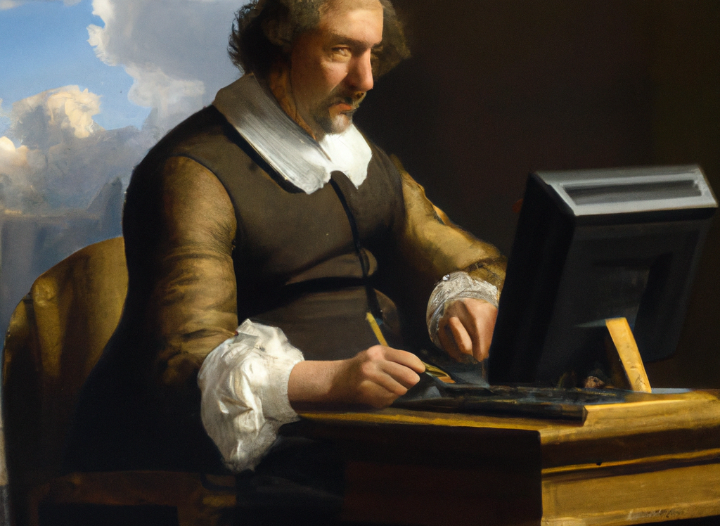 Dall-E "Rembrandt painting of a civil servant at a computer" (cropped)